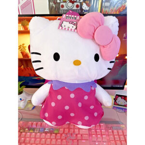 Hello Kitty Plush Backpack Large Strawberry Polka Dot Pink Dress 18" 2023 Sanrio